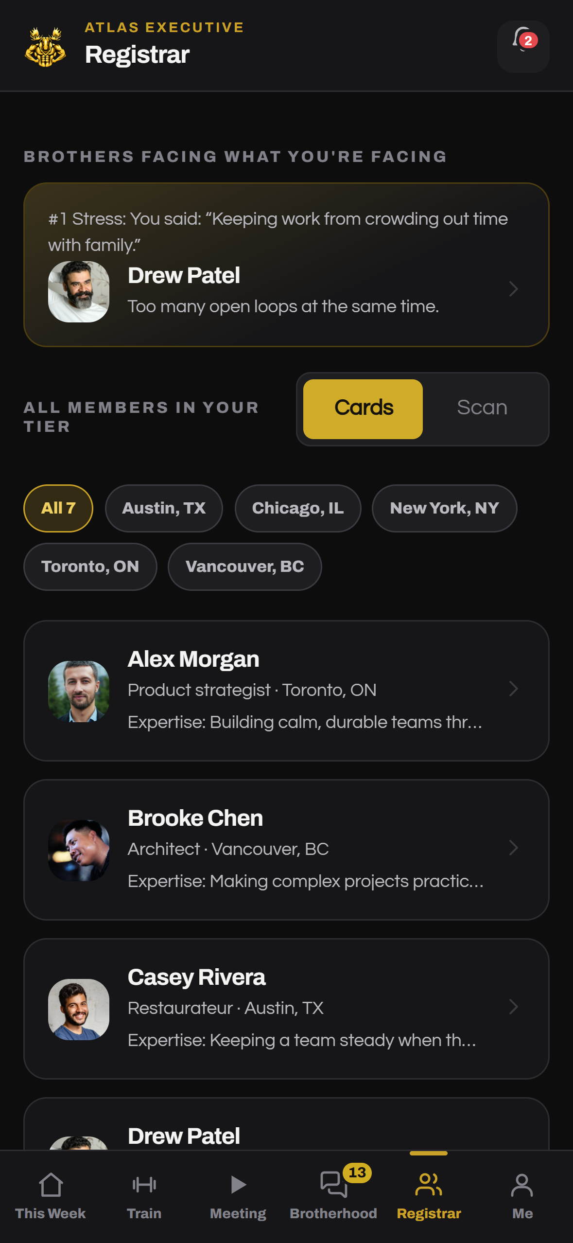 Atlas Brotherhood member directory cards with a shared-stress match and region filters