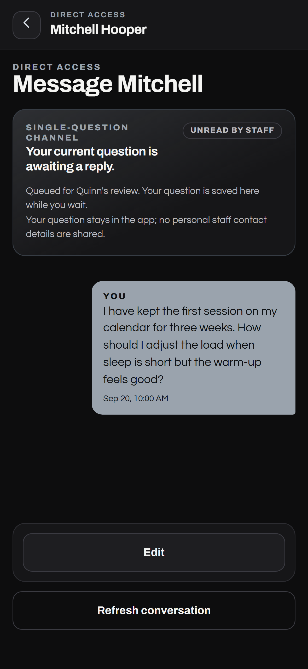 Atlas Brotherhood Silver coaching question queued before the first staff read