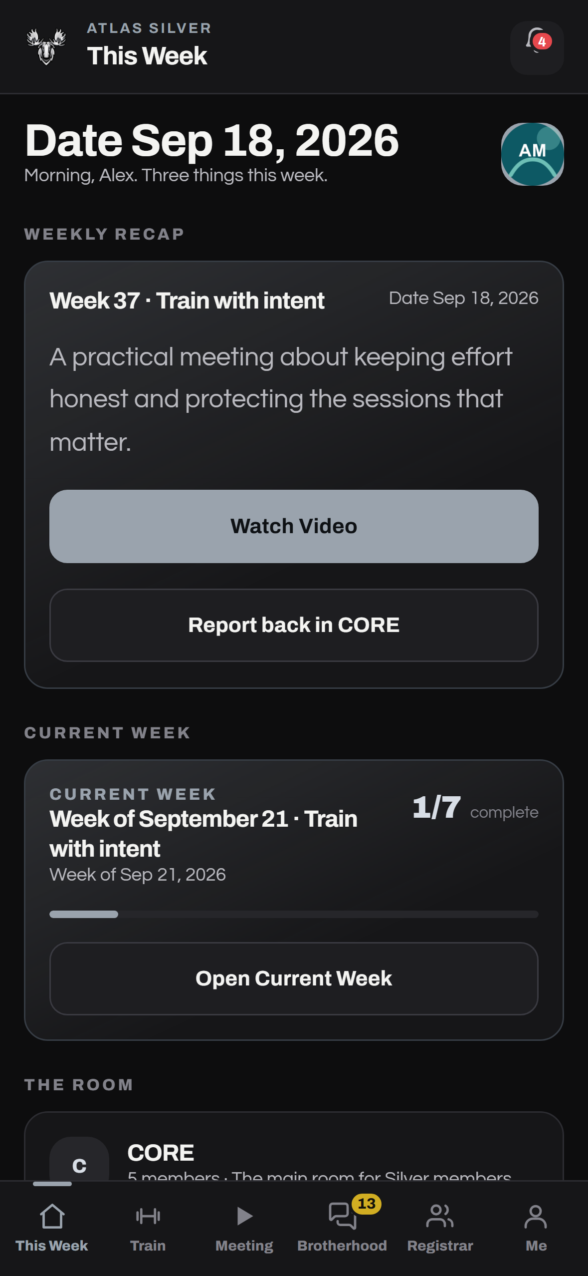 Atlas Brotherhood weekly meeting, recording, and actionables in the member experience