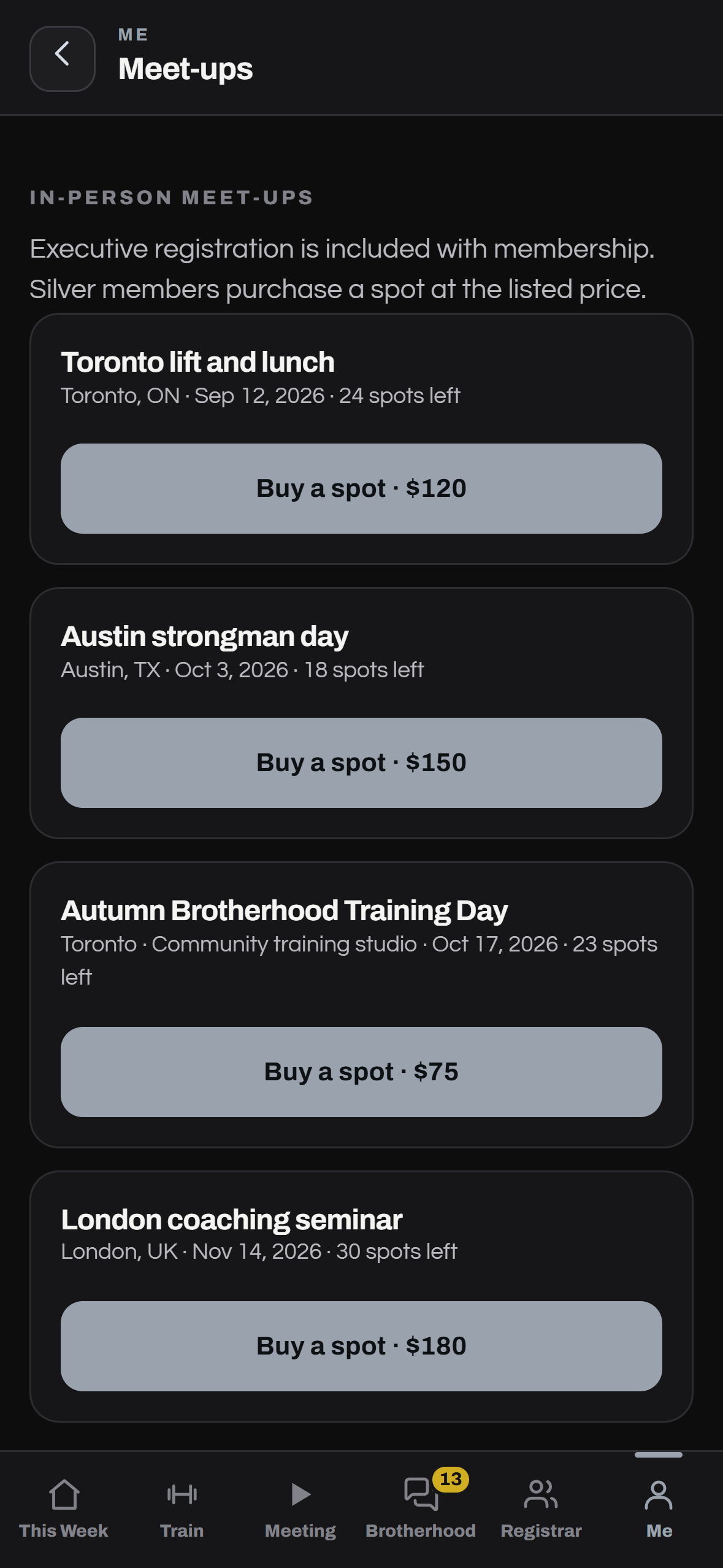 Atlas Brotherhood Silver meetup list with paid registration
