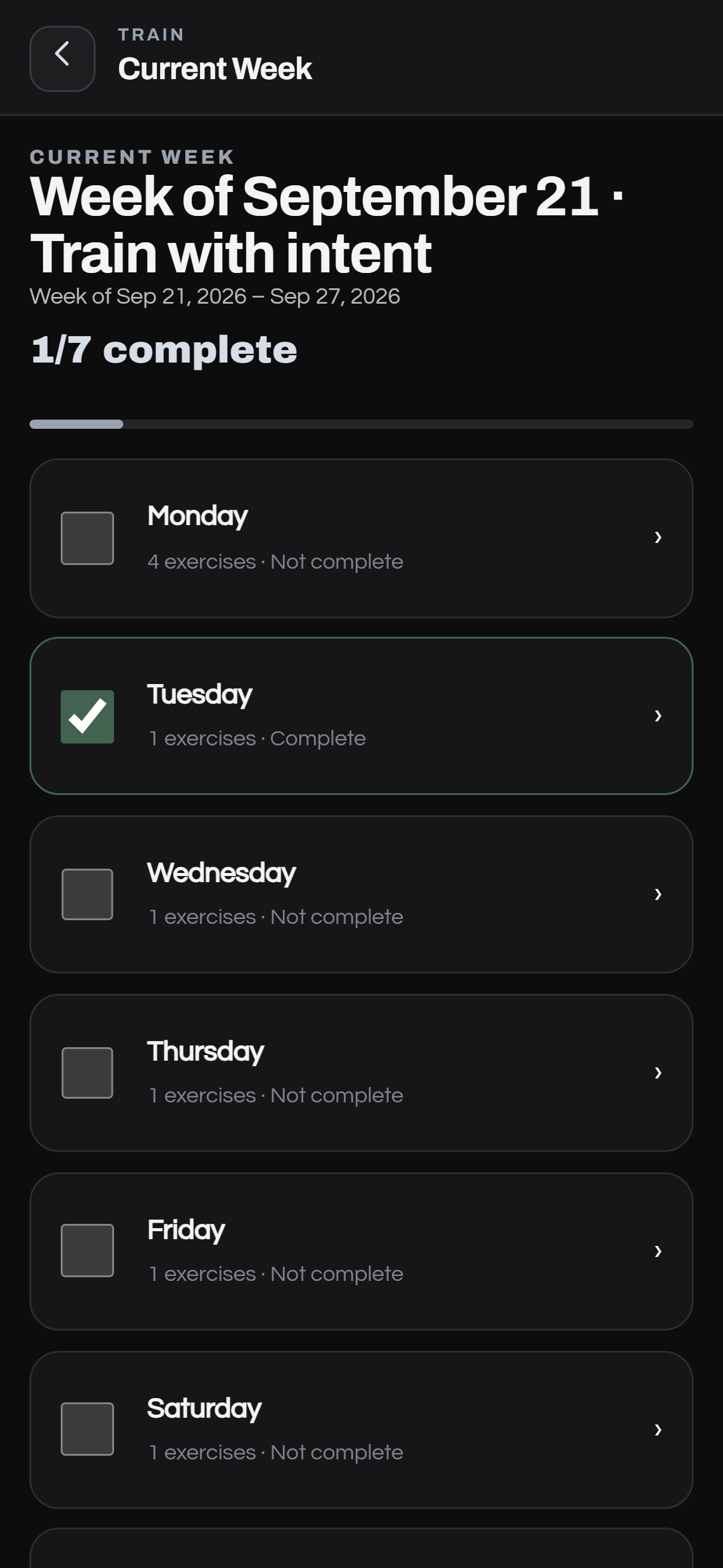 Atlas Brotherhood member training week with upcoming and completed sessions
