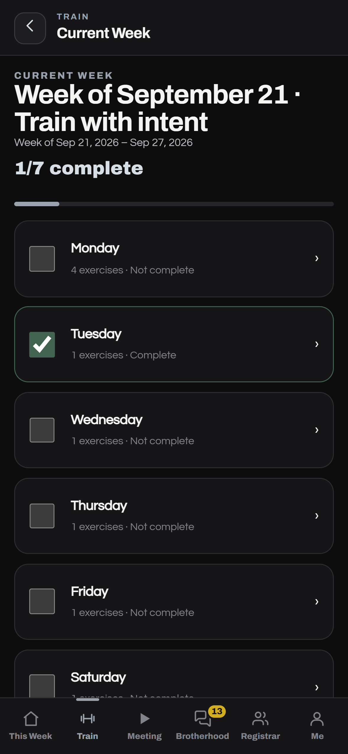 Atlas Brotherhood member training week with upcoming and completed sessions
