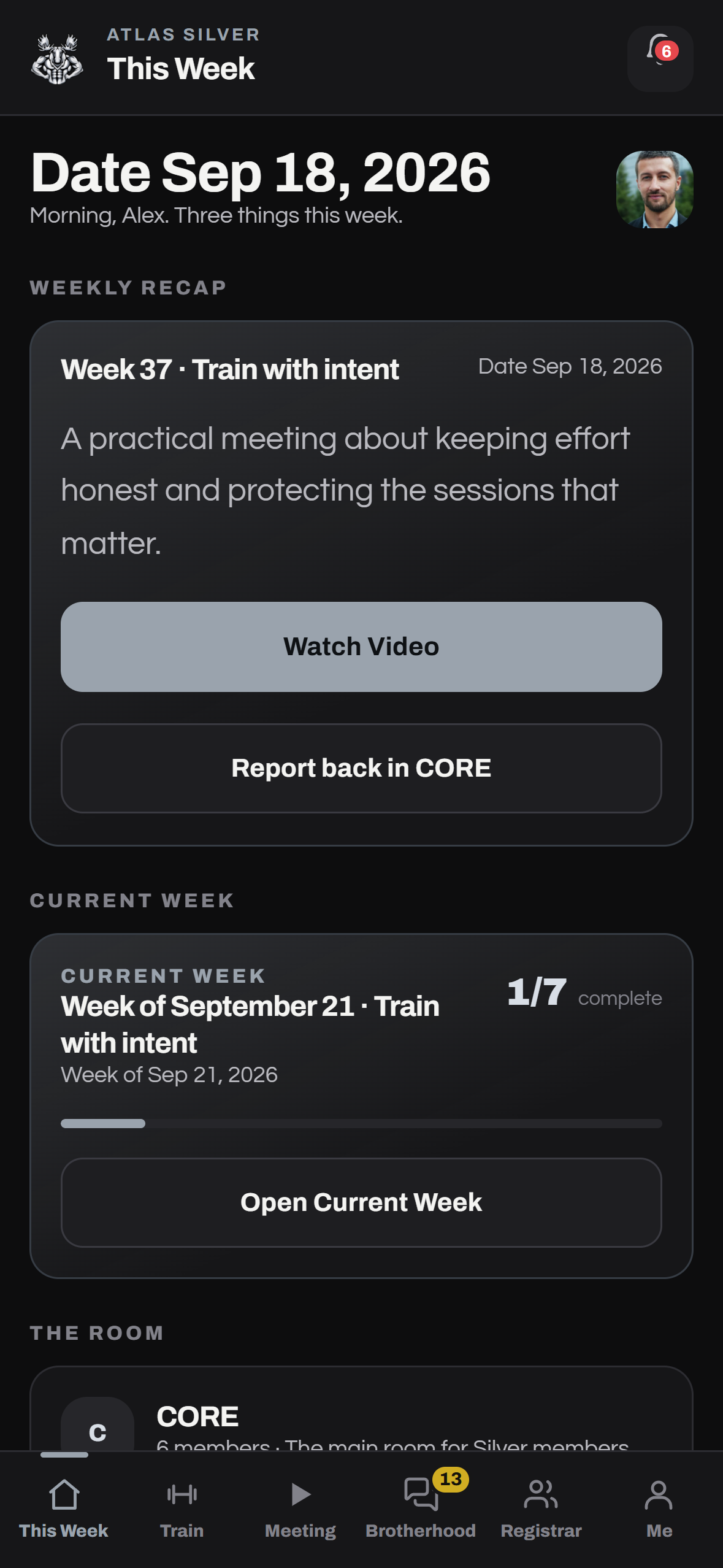 Atlas Brotherhood weekly meeting, recording, and actionables in the member experience