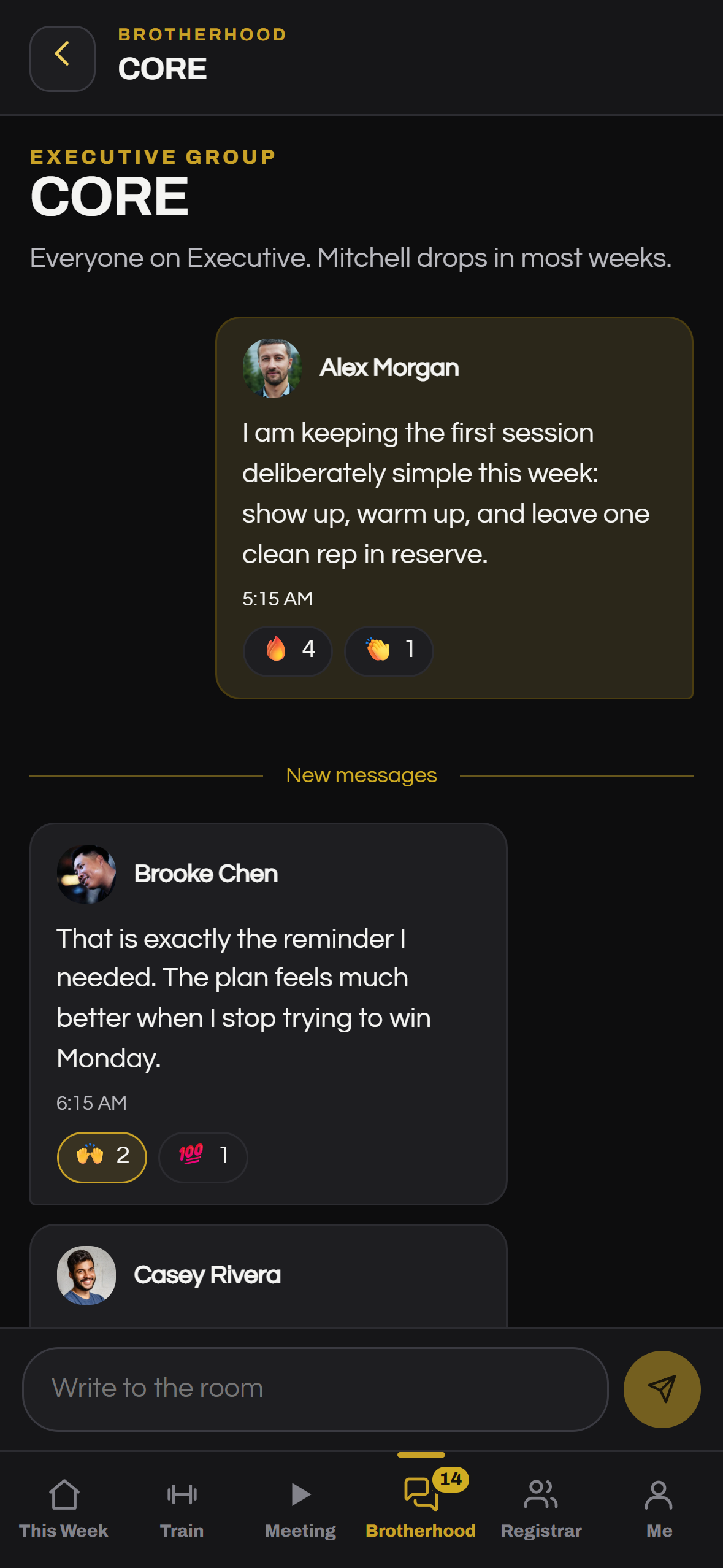 Atlas Brotherhood CORE group thread with member photos, emoji reactions and a New messages divider