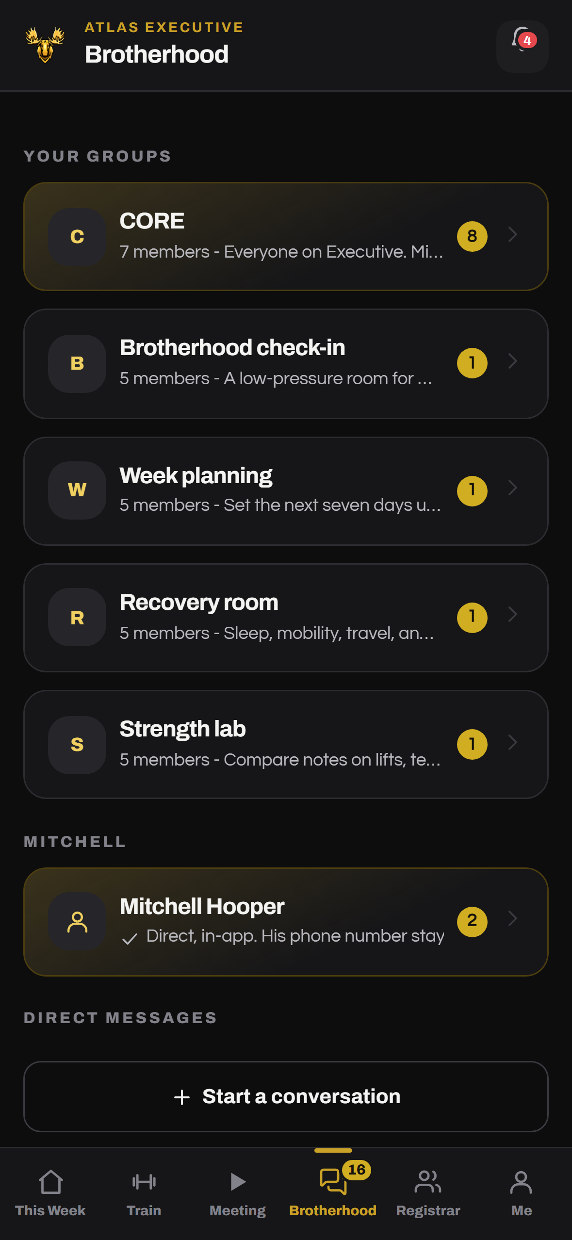 Atlas Brotherhood conversation list with group and direct-thread unread badges