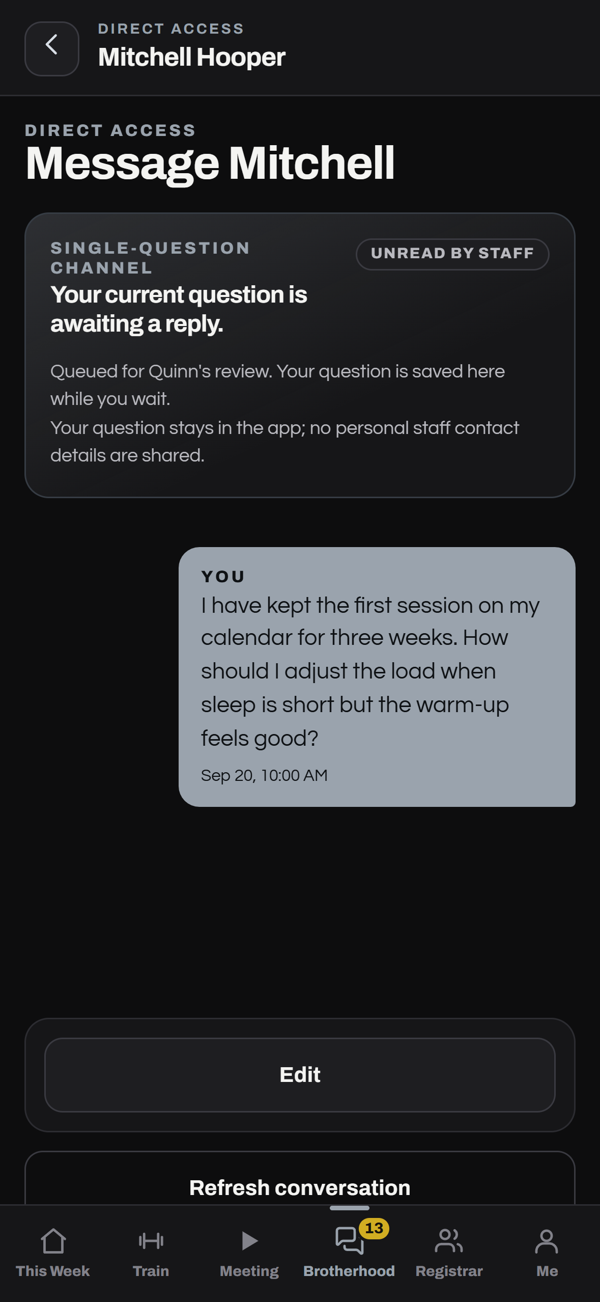 Atlas Brotherhood Silver coaching question queued before the first staff read