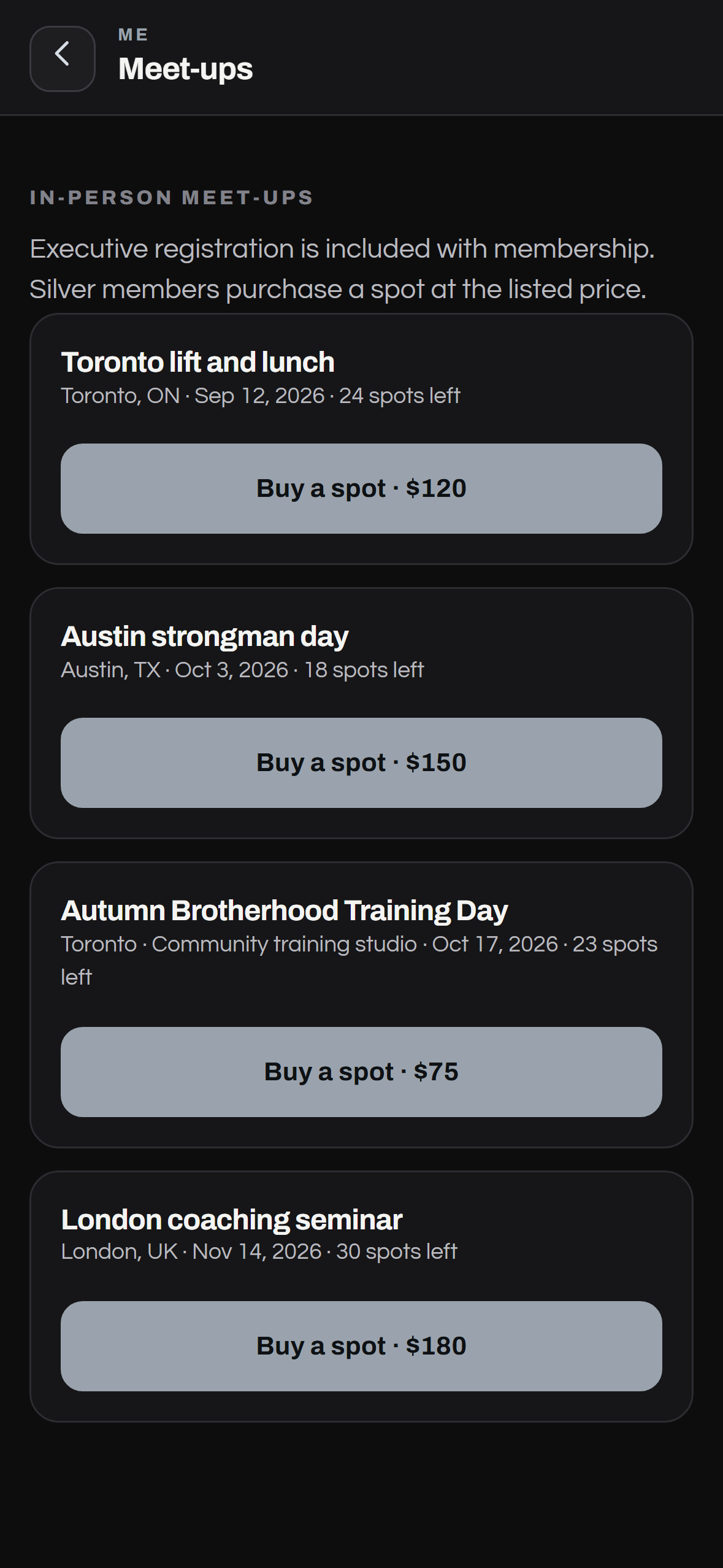 Atlas Brotherhood meetup list with a selected event