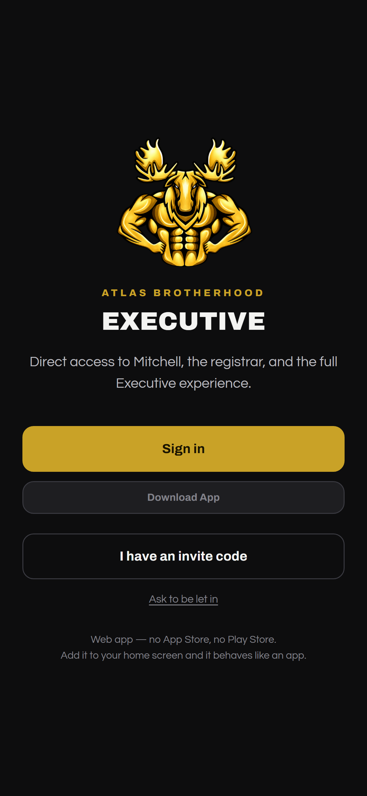 Atlas Brotherhood Executive public landing screen with branding and sign-in options